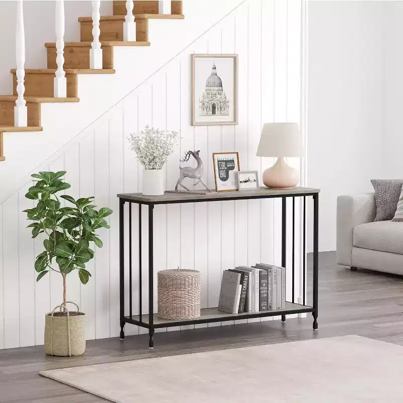 Narrow Industrial Console Table with Storage Shelf, Hallway, Living Room, Office