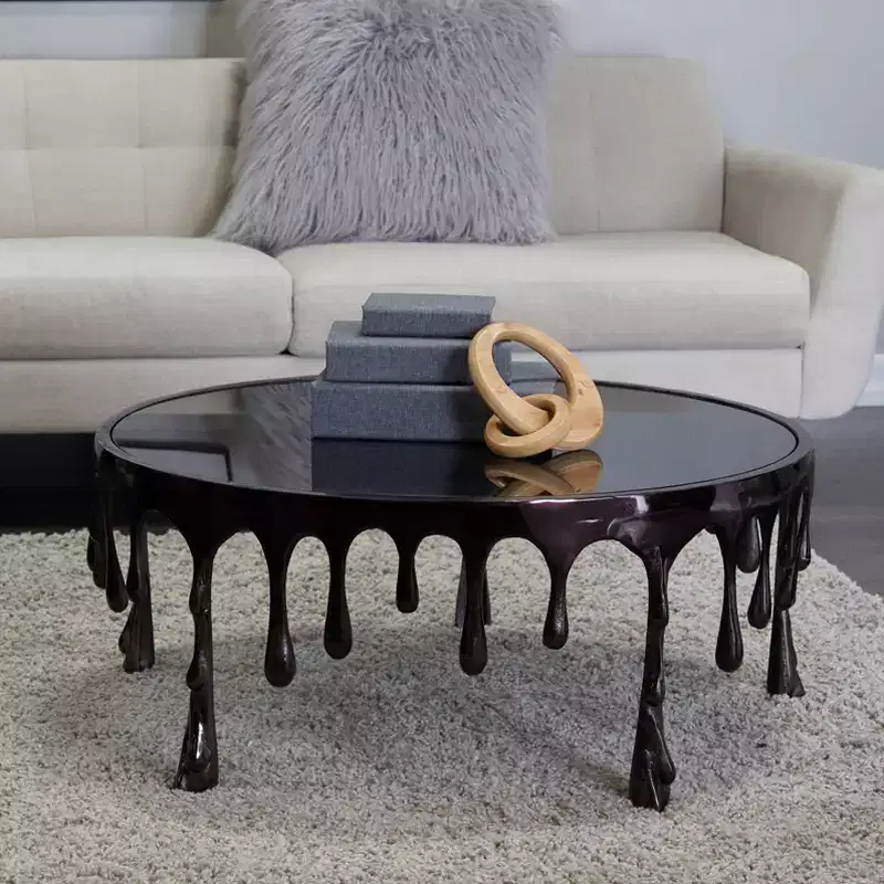 Contemporary Melting Drip Metal and Tempered Glass Melting Drip Coffee Table Black - Olivia & May