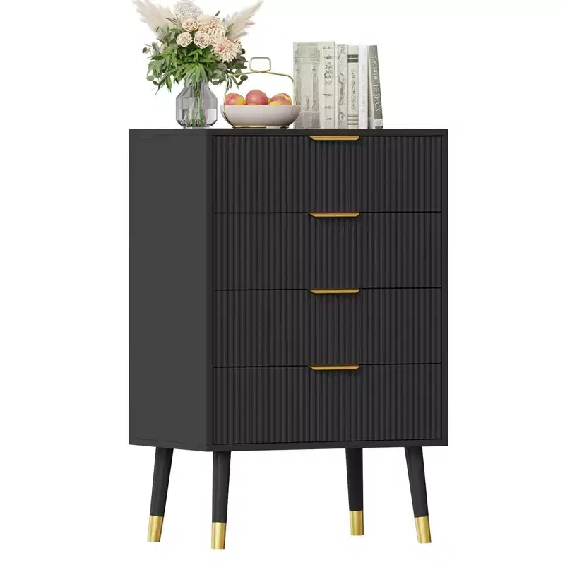 Dresser for Bedroom, 4-Drawer Modern Storage Chest with Gold Handles & Metal Legs, Small Fluted Nightstand