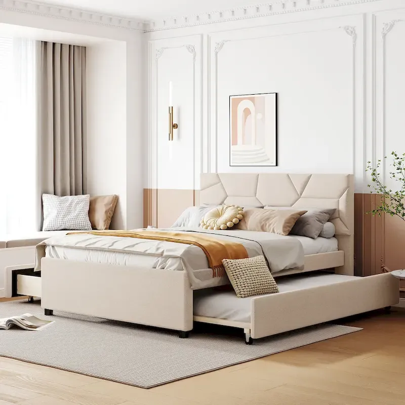 Beige Full Size Linen Platform Bed with Brick Pattern Headboard, Trundle, and Storage Drawers