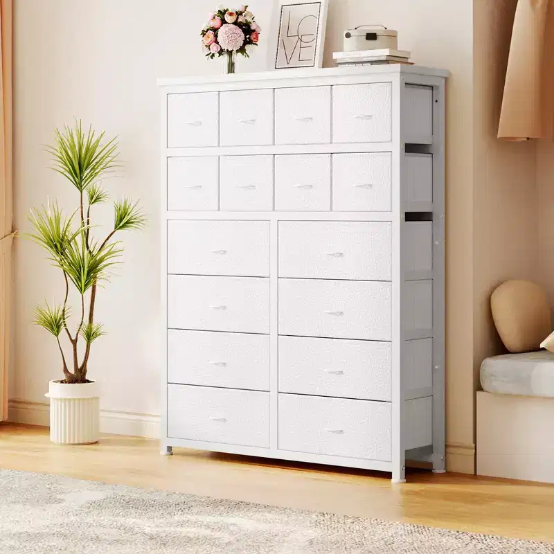 Tall Dresser for Bedroom,16 Drawer Dressers & Chests of Drawers, Fabric Storage Cabinet for Bedroom, Living Room, White