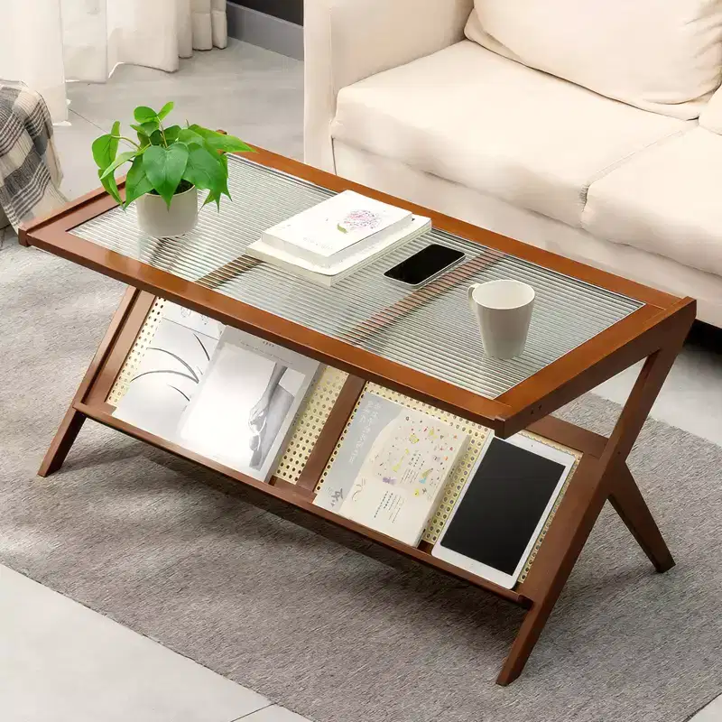 GDFStudio Gnar Mid-Century Modern 39.4 Wood Coffee Tables with Glass Top and Rattan Shelf