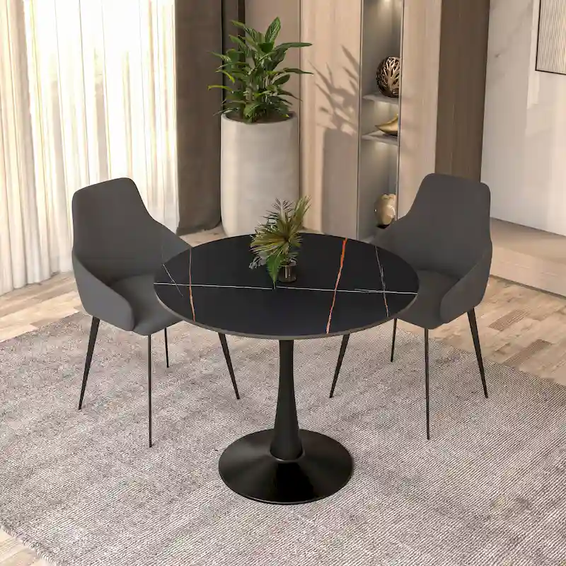 35in Round Dining Table with Sintered Stone Tabletop, Black Steel Pedestal Base, Scratch-Resistant