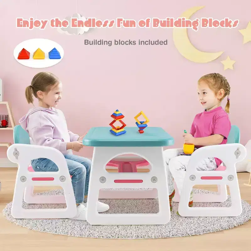 Costway 3-Piece Kids Table and Chair Set Toddler Activity Study Desk with Building Blocks