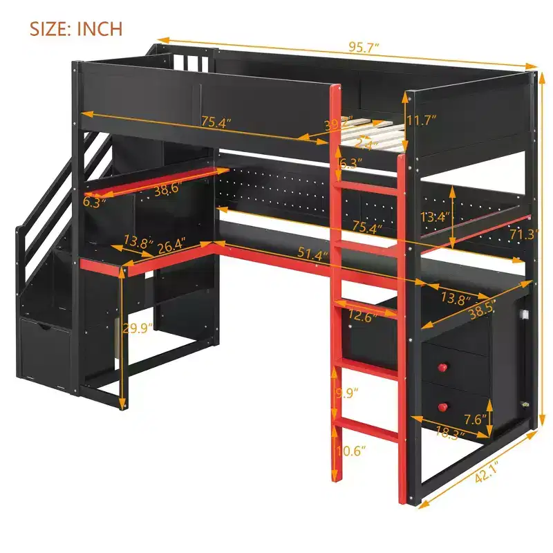 Modern Twin Size Loft Bed With Storage Stairs, U Shaped Desk, Drawers And Pegboard