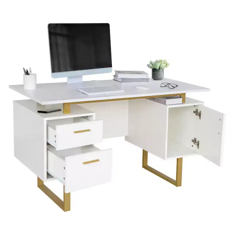 Okak 51.25IN Modern Office Desk with Golden Legs, Standing Desk with 2 Drawer and 1 Cabinet Door, Computer Desk for Living Room, Study, Golden+White