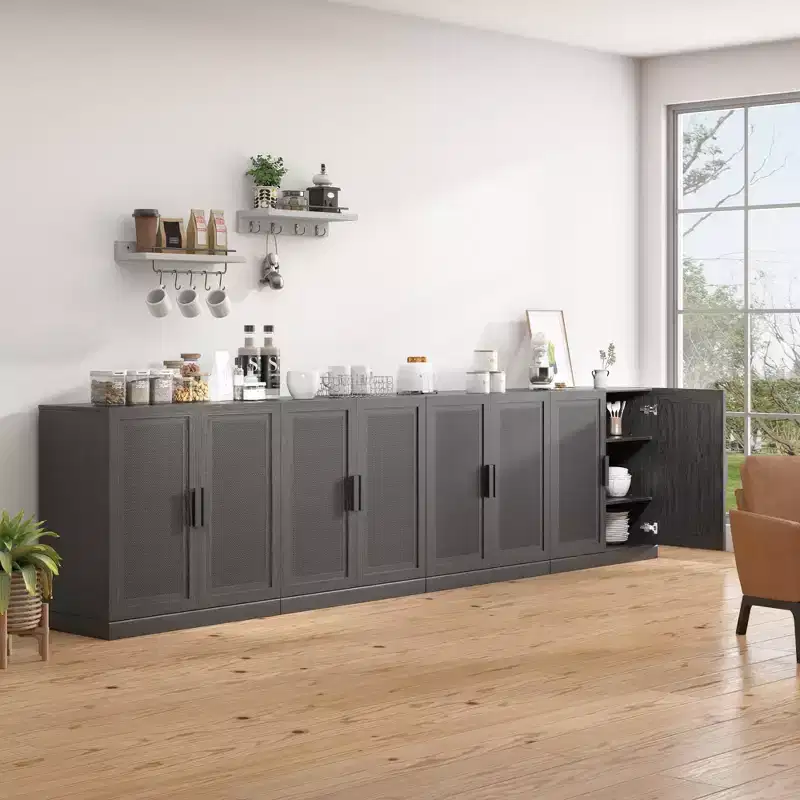 31x124x16 Wood Grain Buffet Cabinet in Black, Storage Organizer with Adjustable Shelves and Rattan Doors for Kitchen Bedroom Living/Dinning Room
