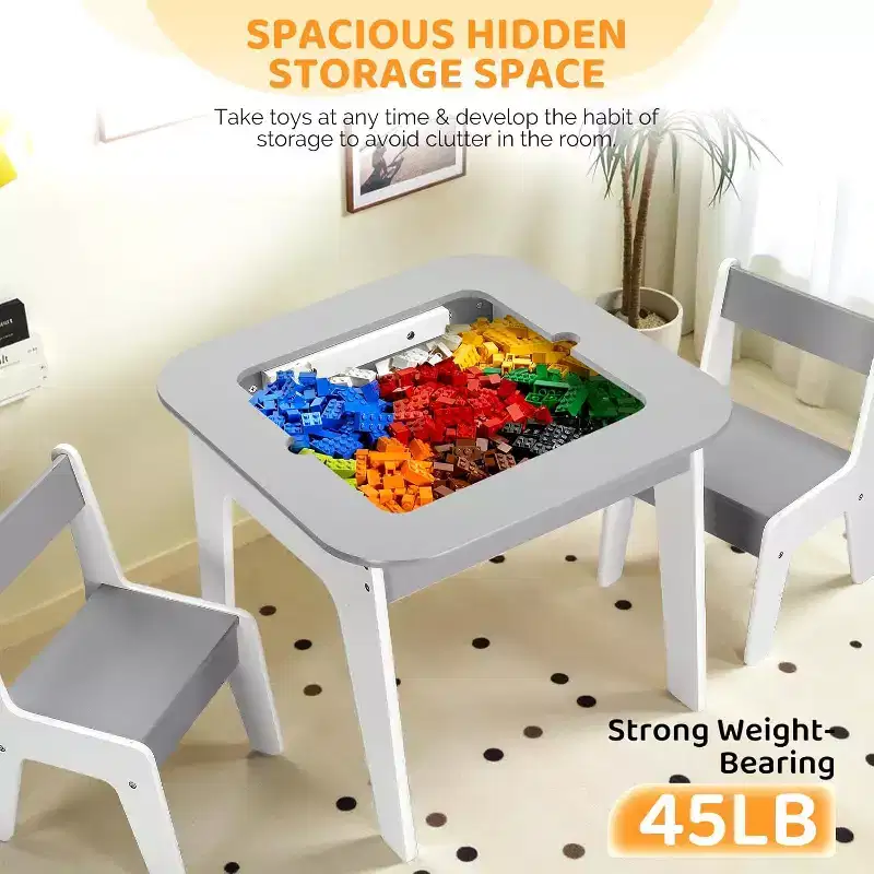 JOYMOR 4-in-1 Kids Activity Table & Chairs Set with Building Blocks Board, Chalkboard and Whiteboard, Grey