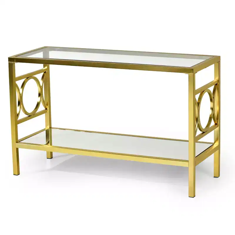 Olympia Sofa Table Glass Iron and Chrome - Steve Silver Co.: Mirrored Base, Circular Side Design, No Tools Assembly
