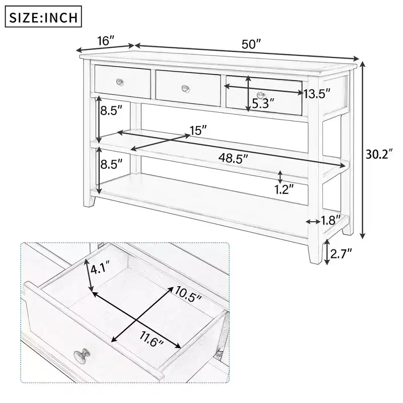 Retro Design Console Table with Two Open Shelves, Pine Solid Wood Frame and Legs for Living Room(Navy)