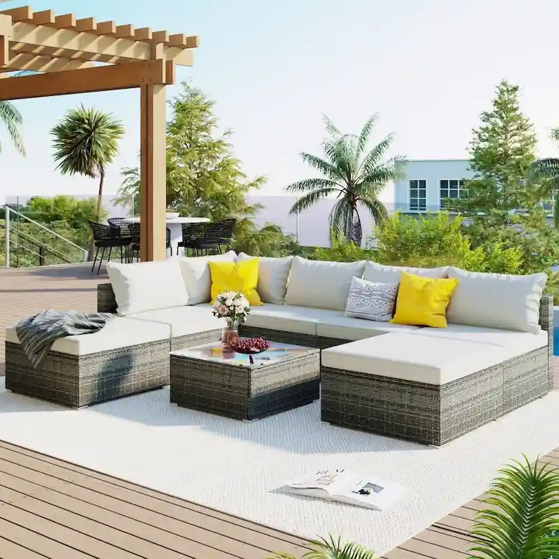 8-Pieces Outdoor Patio Furniture Sets, Garden Conversation Wicker Sofa Set