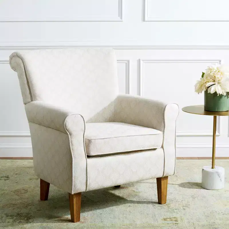 Upholstered Club Armchair, Red-White Floral Print, Cotton/Linen