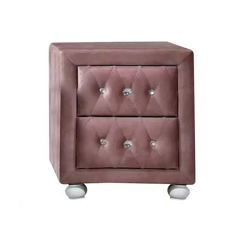 Royal Hampton 17 Inch Modern Upholstered Nightstand, 2 Drawer, Crystal Handles, Pink