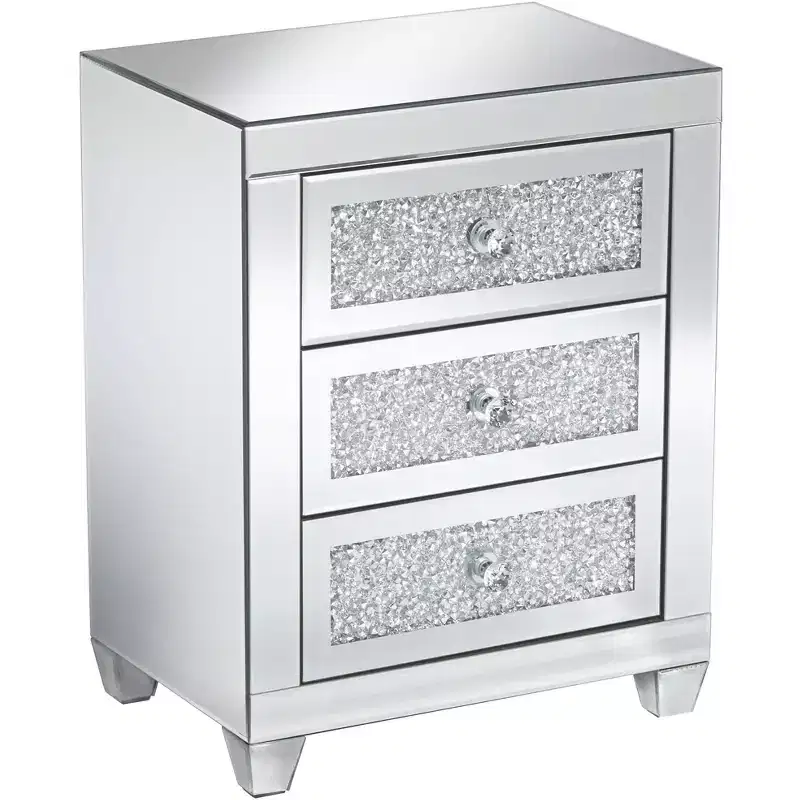 Modern Mirrored Rectangular Accent Side End Table 20x14 with 3-Drawer Silver Glass Crystal