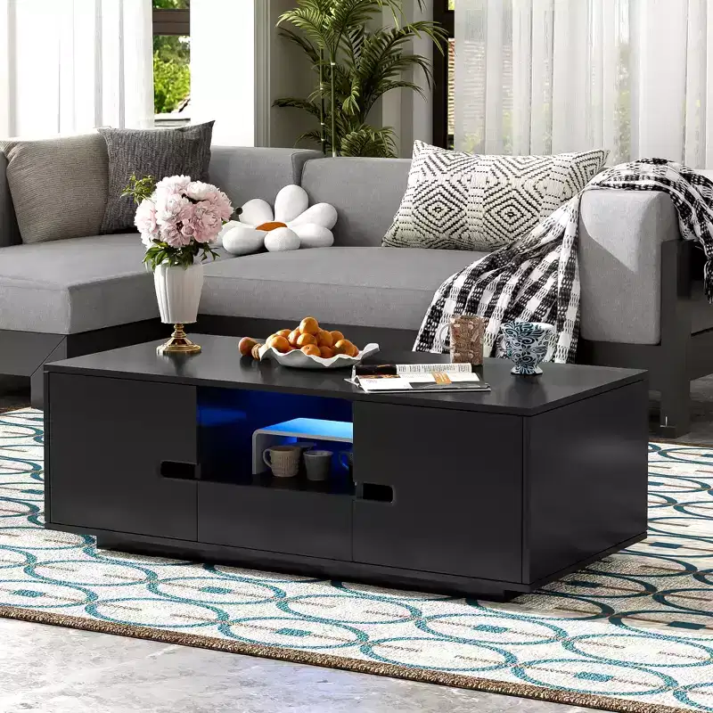 Modern Coffee Table with LED Lights, Rectangle Stylish Center Table with Storage Space, High Glossy Coffee Table for Living Room, Black