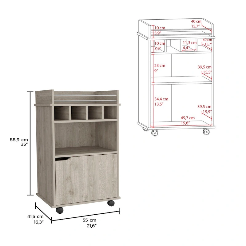 Bar Cart with 2 Open Shelves 4 Cubbies and Cabinet
