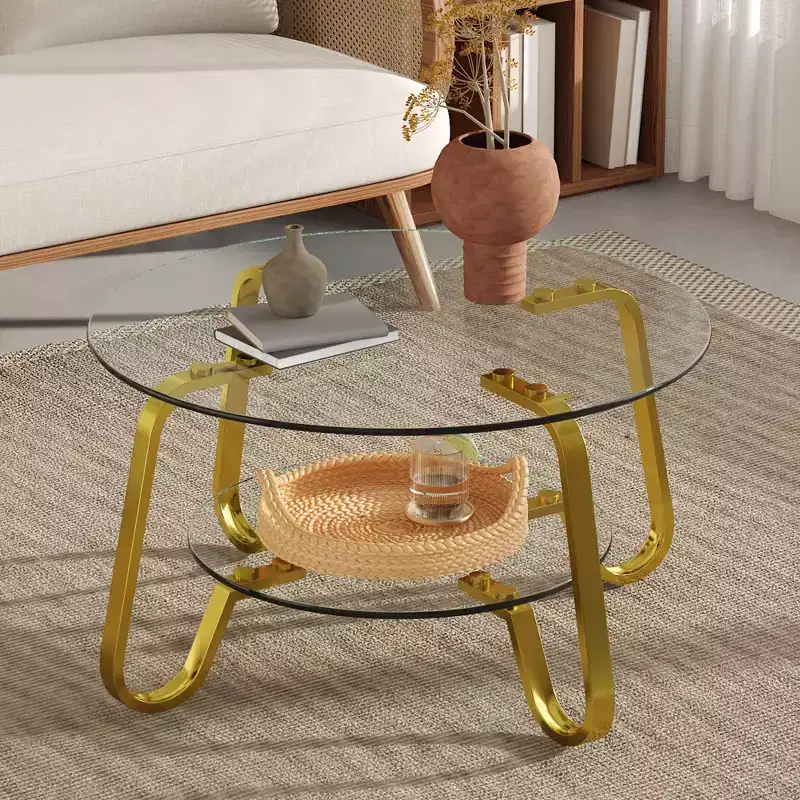 Retro minimalist style metal frame double-layer tempered glass coffee table, size 31.5 * 31.5 * 17.7 inches