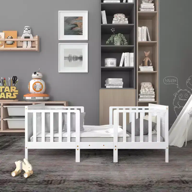 Costway 2-in-1 Convertible Kids Furniture Bed Toddler Crib with 2 Side Safety Guardrails White/Brown