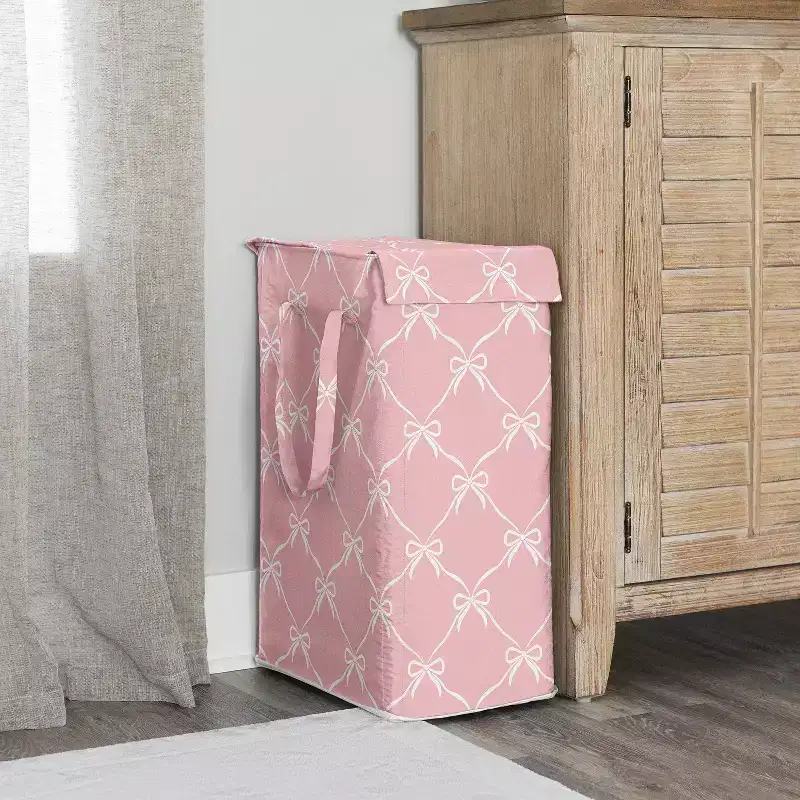 Girl Foldable Laundry Hamper with Handles Ballerina and Ballet Bows Pink and White