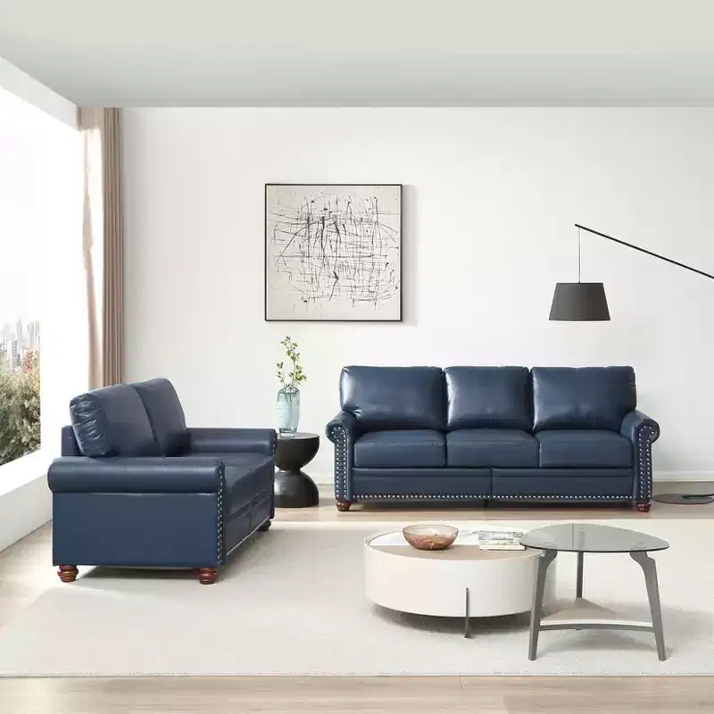 MAYEERTY 2 Pieces Sectional Faux Leather Sofa with Storage Silver Nails for Living Room Navy Blue
