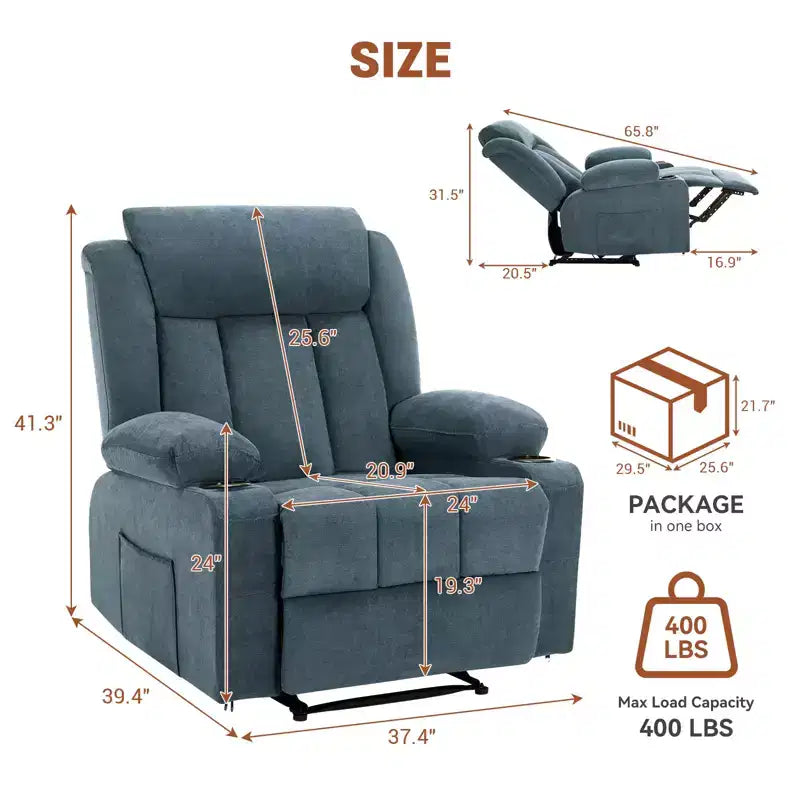 Recliner Chair, Manual Reclining Sofa with Massage and Heat, Overstuffed Rocking Chair w/ Side Pockets, Front Pockets and Cup Holder for Living Room