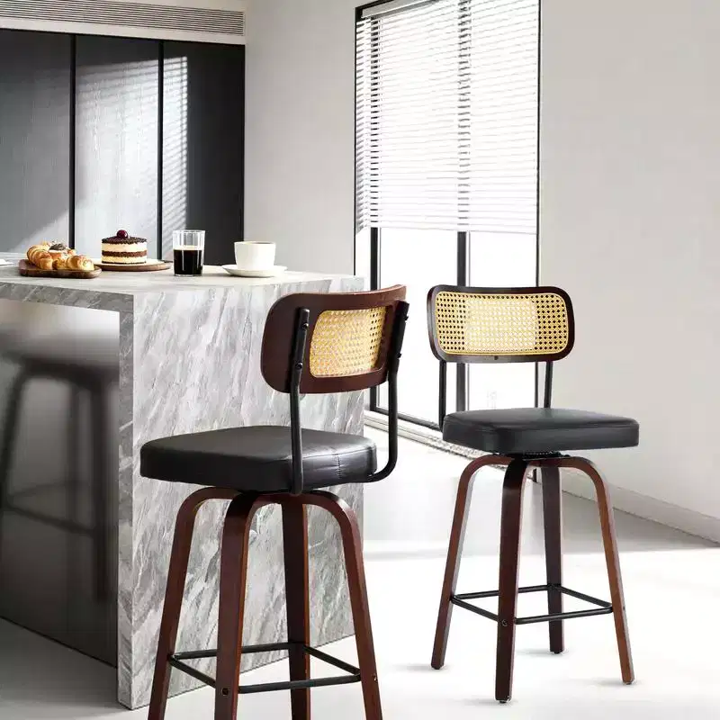 Set of 2 360 Swivel Rattan Counter Height Bar Stools with PU Cushion