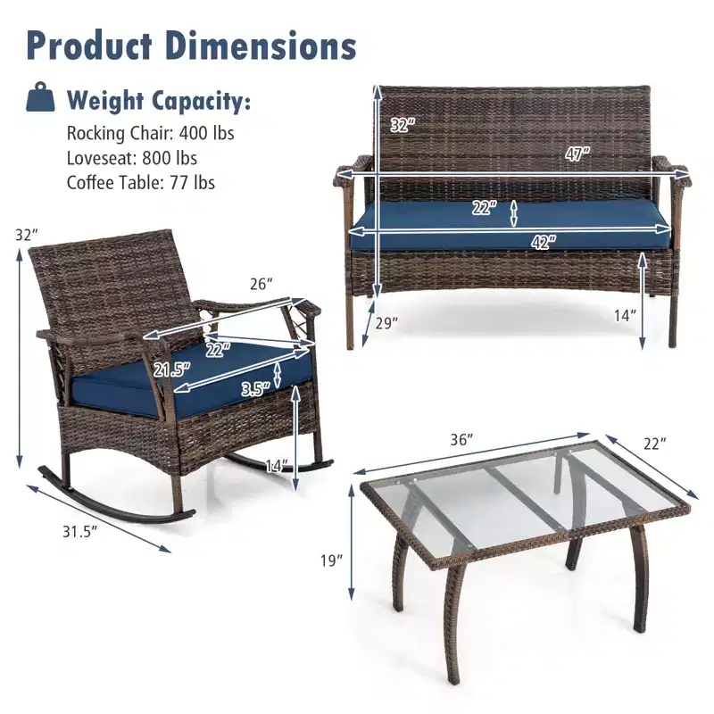 Costway 4 PCS Wicker Rocking Set with Loveseat & Coffee Table Heavy-Duty Metal Frame