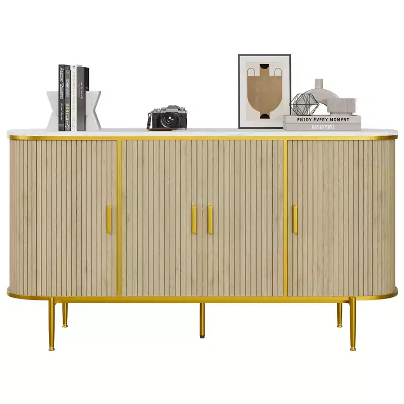 59 Sideboard Buffet Cabinet with Storage, Fluted Console Cabinet with Metal Legs, Faux Marble Top, Mid Century Modern Cabinets for Dining Room