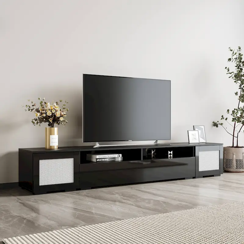 Black 82.6 TV Stand with Push-Open Doors & LED for 90 TVs