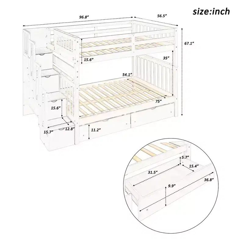 Stairway Full over Full Bunk Bed for Kids, Full Size Bunk Bed Frame with 6 Storage Drawer and Guard Rail for Bedroom Dorm