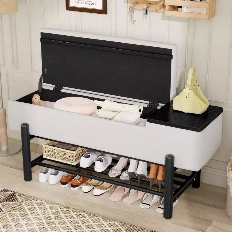 Farmhouse Upholstered Storage Bench with Hidden Compartment, Modern Entryway Ottoman for Living Room Hallway Bedroom