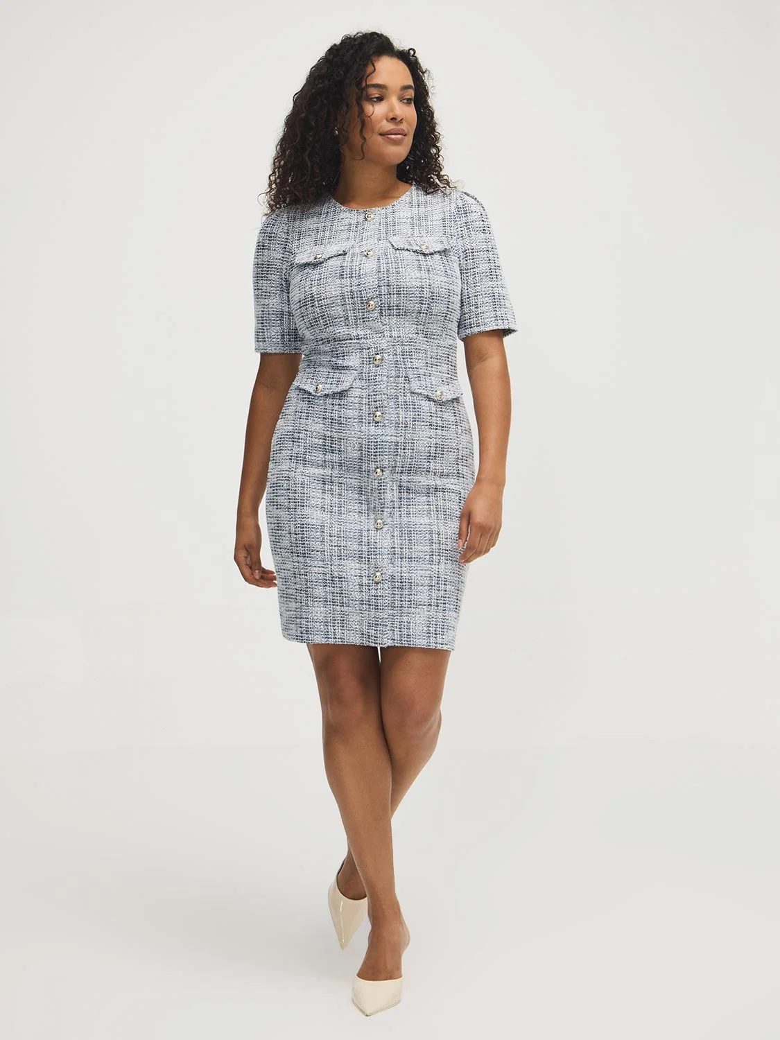 Button-Front Boucle Dress
