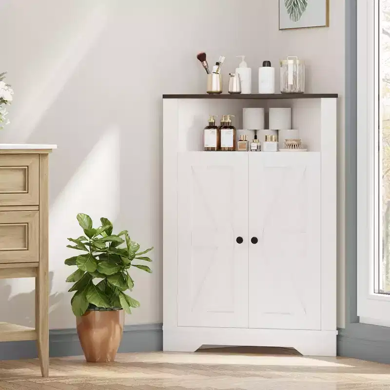64.8 Tall Farmhouse Corner Cabinet with 4 Barn Doors & 5 Shelves, Space-Saving Storage Cabinet for Living Room, Kitchen, Laundry Room, Wood Shelf