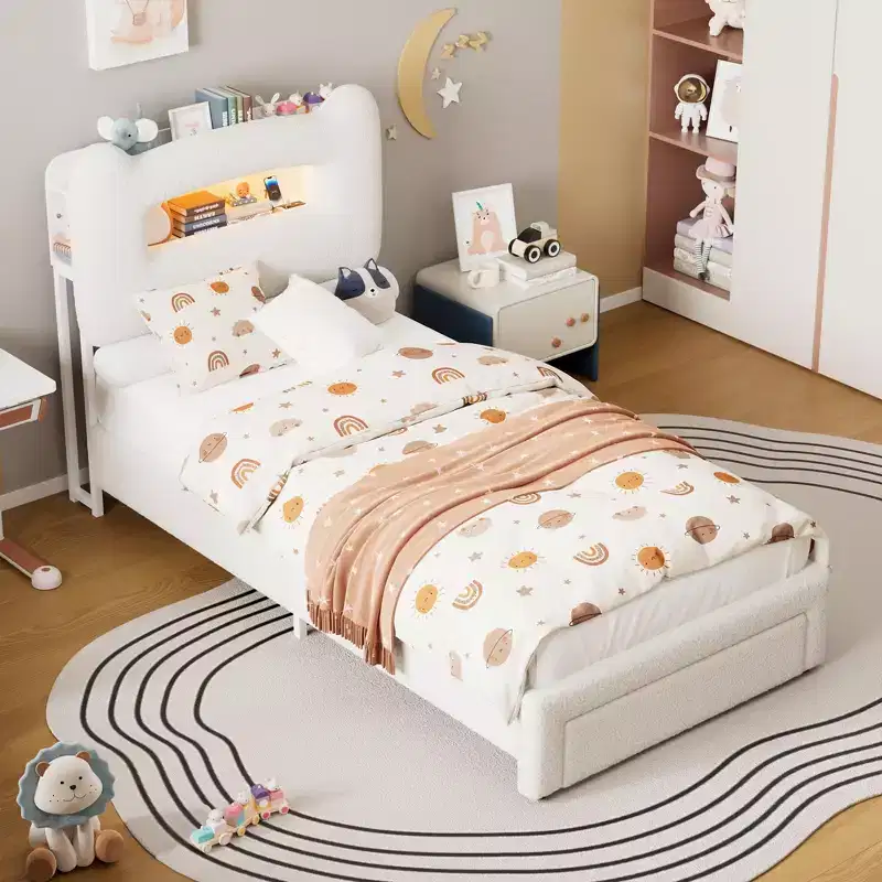 Upholstered LED Bed Frame, Platform Bed with Drawers and Storage Headboard for Kids/Girls/Boys, Heavy Duty Support, No Box Spring Needed
