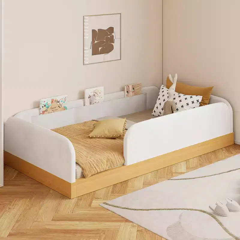 Twin Size Upholstered Platform Bed Frame with Velvet Guardrails & 3 Built-In Storage Bags, Natural