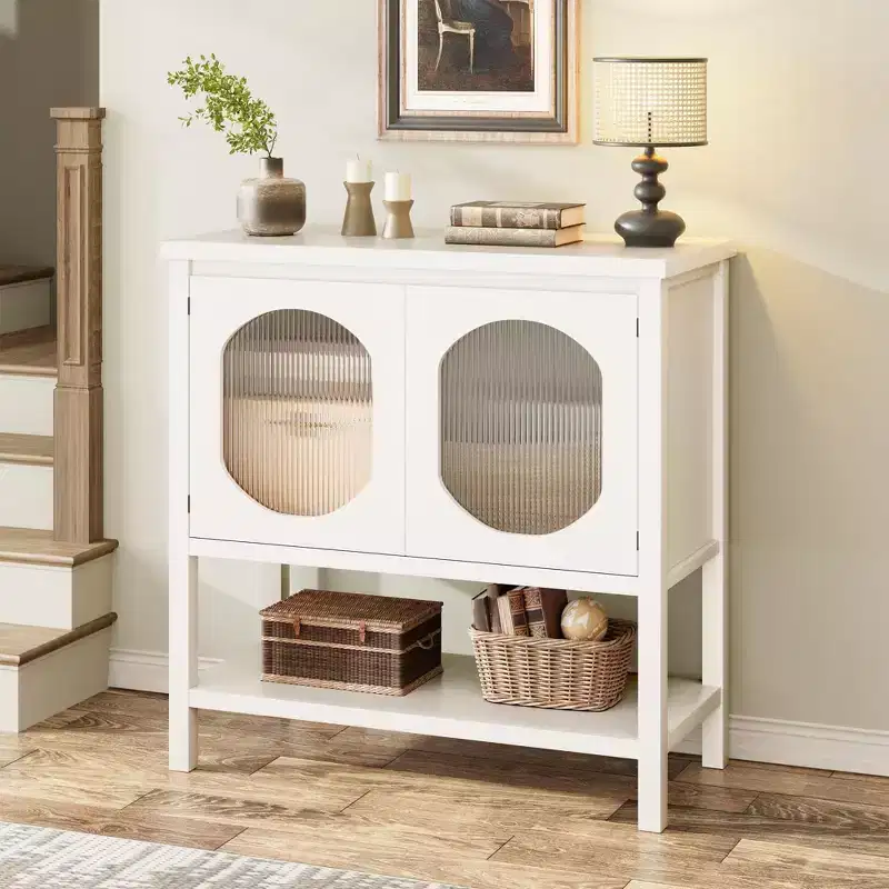 Farmhouse Coffee Bar Station with 2-Door Cabinet & Open Shelf – Kitchen & Entryway Storage