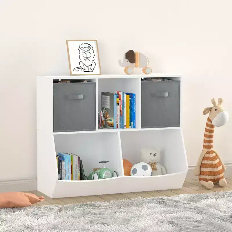 4-Cube Kids Bookshelf - Toy Storage Organizer for Playroom, Nursery & Kindergarten - White-Gray