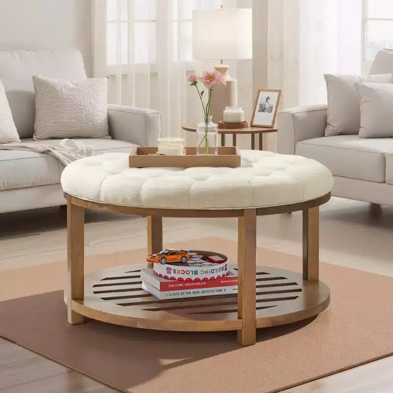 VEVOR Large Round Ottoman Coffee Table, 31.9 Inch Tufted Coffee Table with Solid Wood Shelf Storage, Linen Solid Upholstered, 350 LBS, Beige