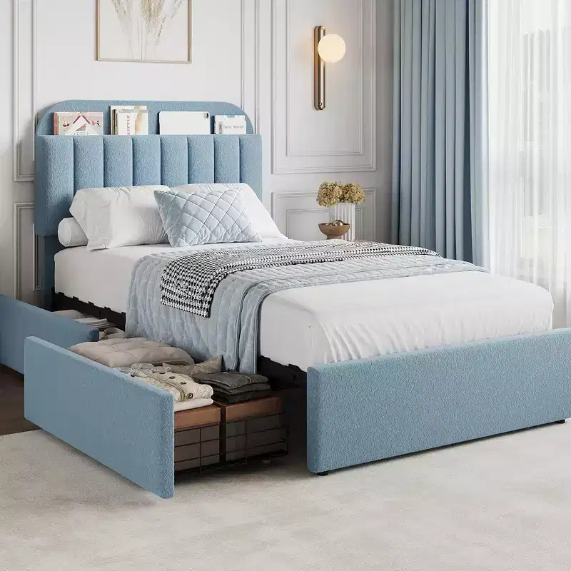 Twin Platform Bed with Bookcase Headboard, 2 Flexible Drawers – Blue, Kids Room