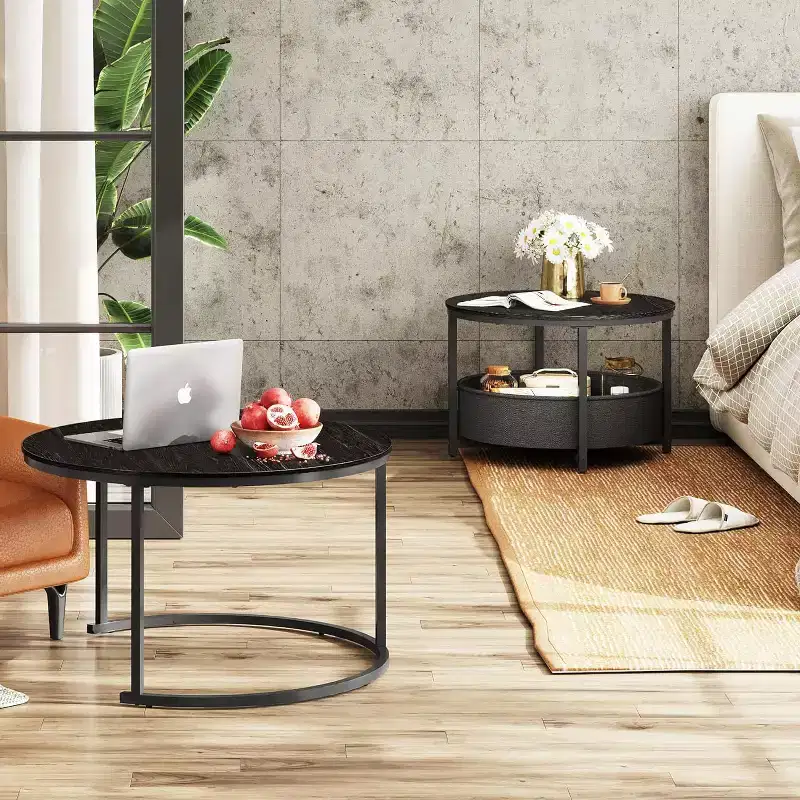 GALAXHERO Set of 2 Nesting Round Coffee Tables - 31.5 Center Tables with Storage & Metal Frame for Living Room/Apartment