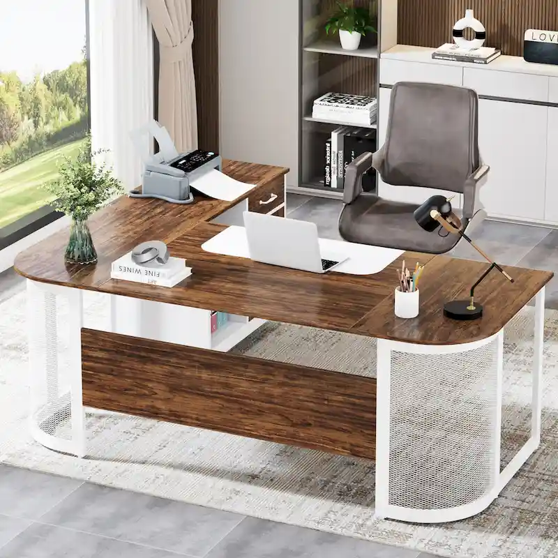 Large 63 L-Shaped Executive Office Desk with 31 File Cabinet