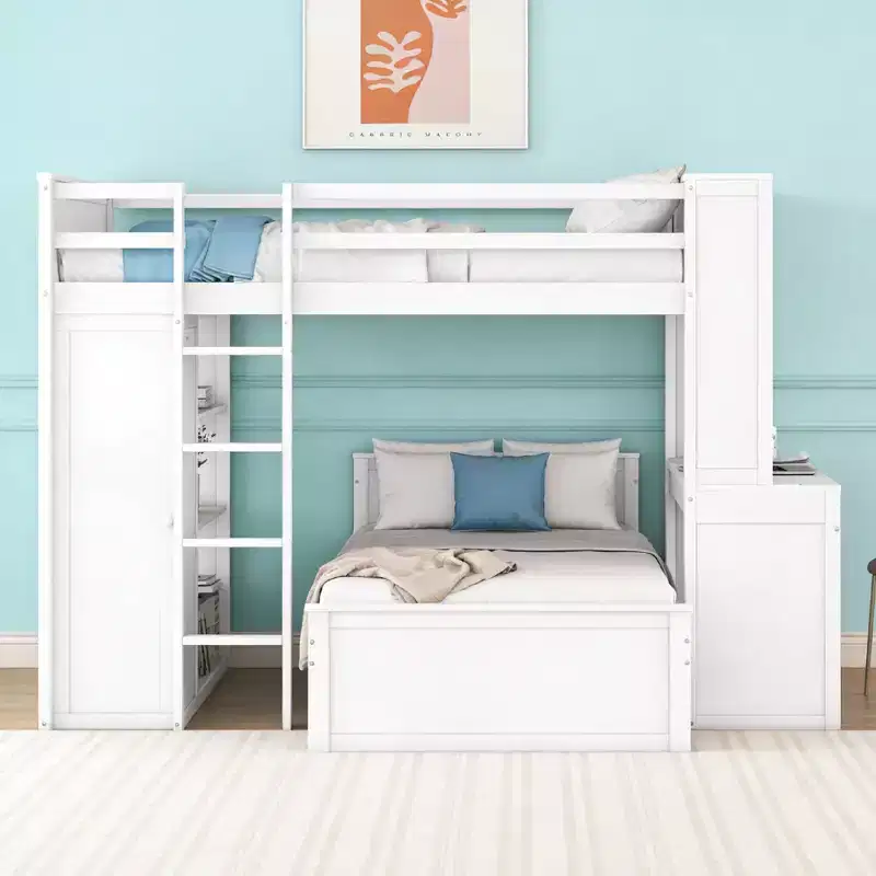 Luxystar Full over Twin L Shaped Bunk Bed with Desk, Bookcase and Wardrobe