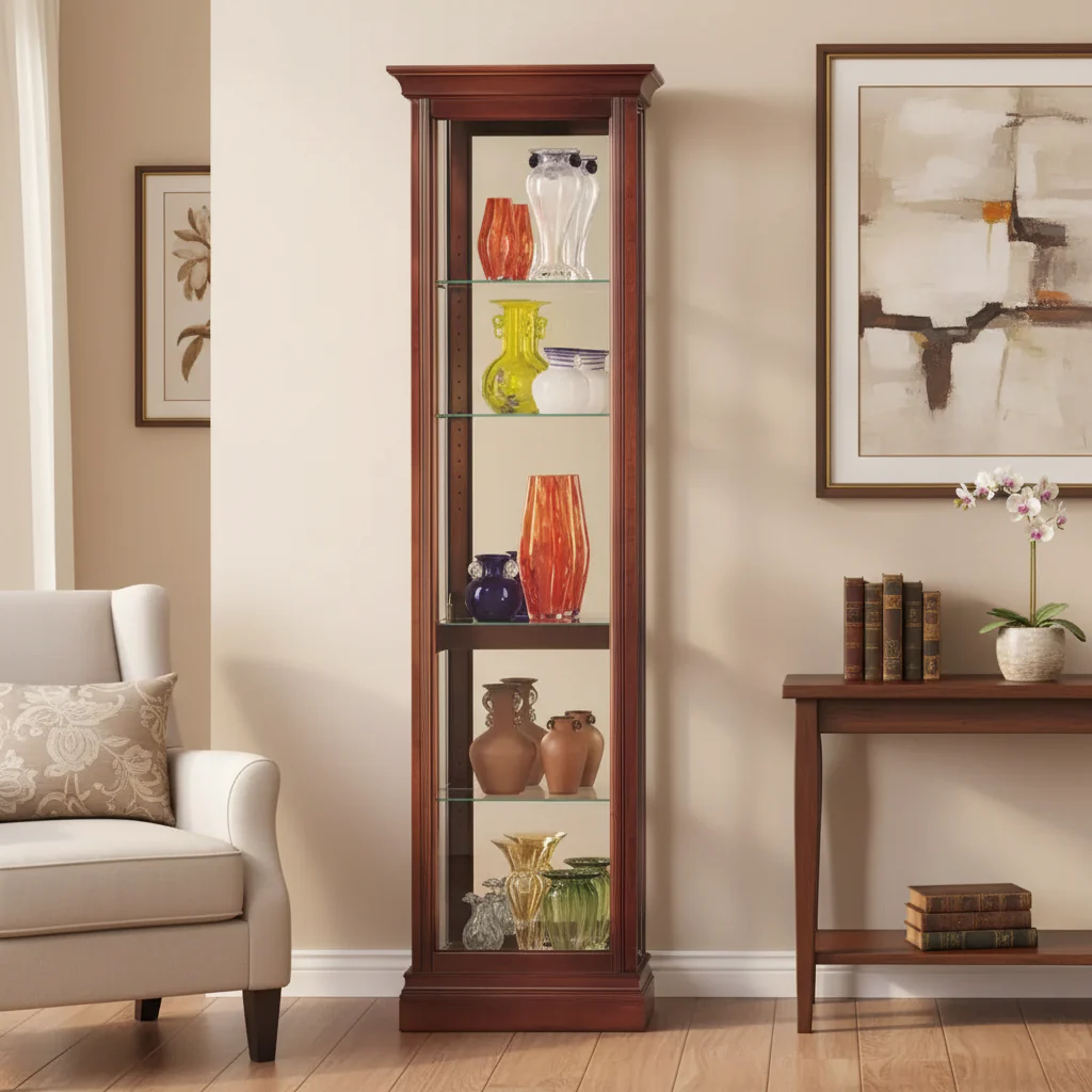 Lighted Curio Cabinet - Windsor Cherry, Wood & Glass Doors, 4 Adjustable Shelves