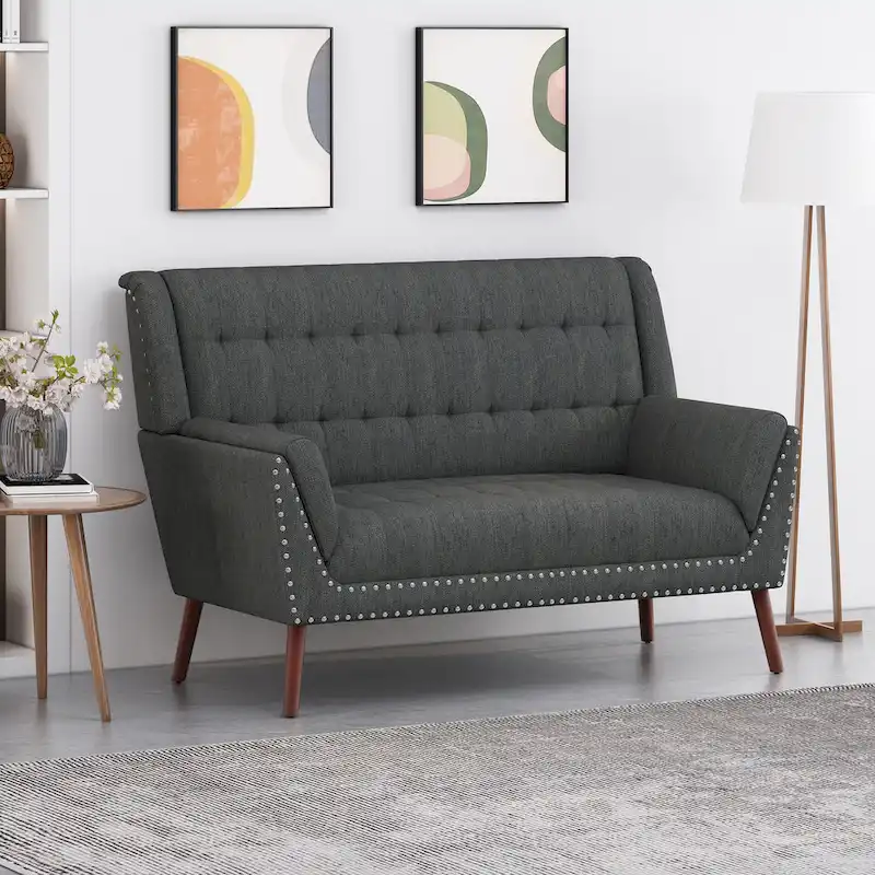 Charcoal / Beige + Walnut Mid-Century Settee, 2-Seat