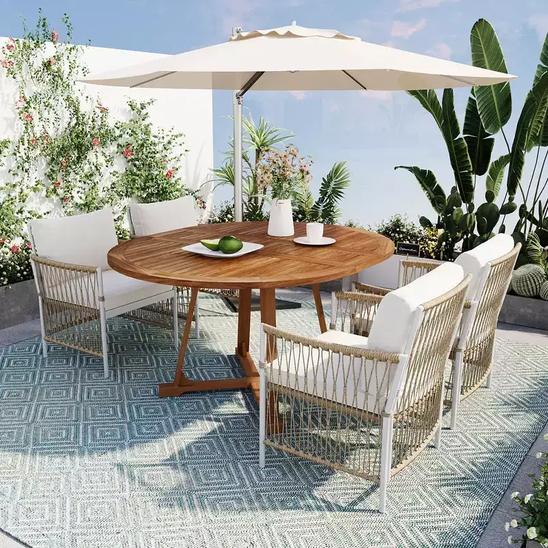 GDFStudio Nicolas Patio 5 Piece Wood and Metal Dining Set with 4 Hand-Woven Rattan Arm Chairs