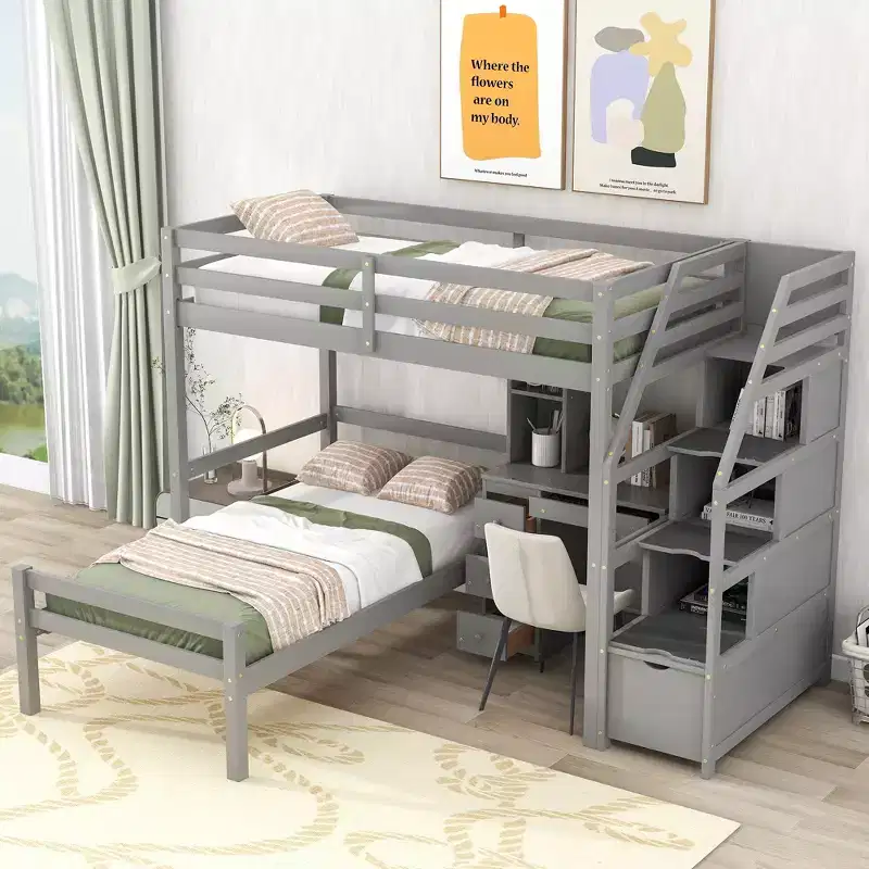 L-Shaped Twin over Twin Bunk Bed with Storage Staircase, Desk, Shelves and Drawers
