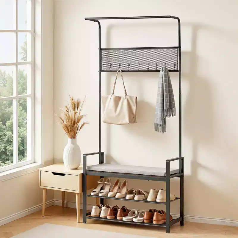 Hall Tree, 72 in Coat Rack with Shoe Bench, Freestanding 2-Tier Shoe Rack Storage Organizer with Hooks, Hanging Rod and Wire Shelf, Brown & Black