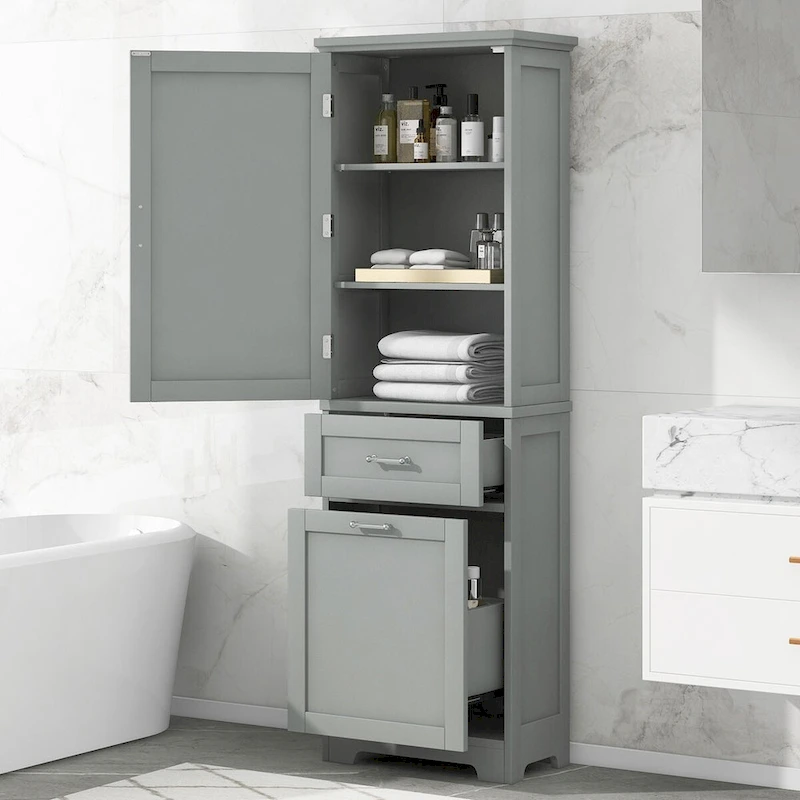 68Tall Bathroom Storage Cabinet, Freestanding Storage Cabinet with Two Different Size Drawers and Adjustable Shelf, MDF Board