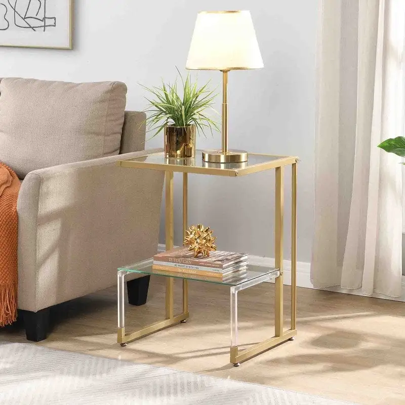 2-Tier End Table with Tempered Glass Shelves & Geometric Metal Frame