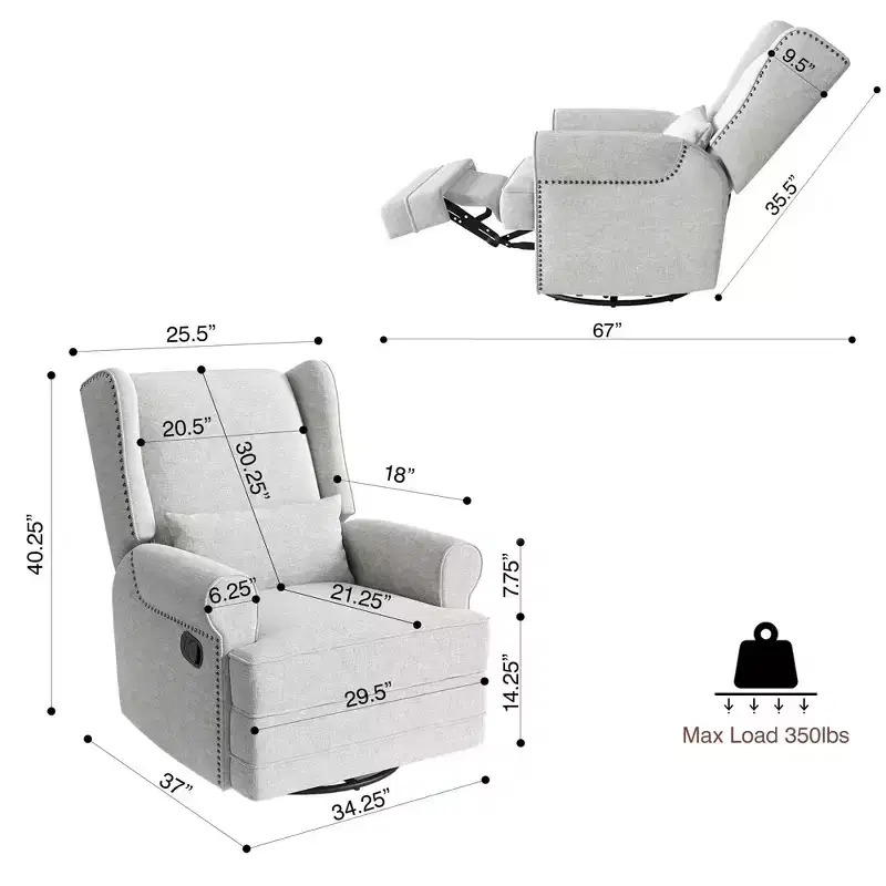 FurnitureR Swivel Rocking Recliner Chair with Adjustable Backrest and Footrest, Upholstered Accent Recliner Sofa for Living Room Bedroom Nursery